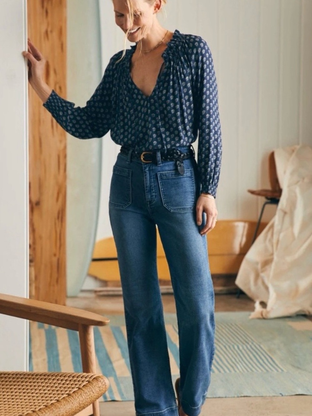 Faherty Blouse Navy Lotus Floral – XS